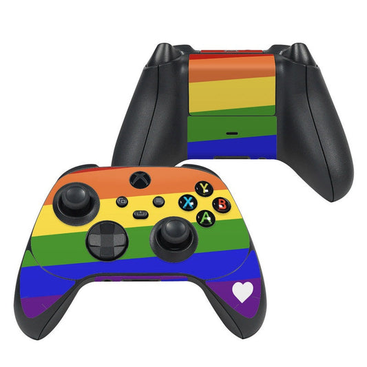 Xbox Series X controller skin with rainbow horizontal stripes and colorful button icons
