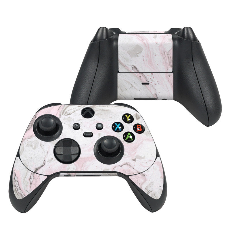 Xbox controller skin with pink and white marble pattern, textured thumb grips