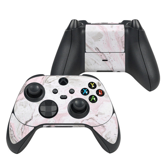 Xbox controller skin with pink and white marble pattern, textured thumb grips