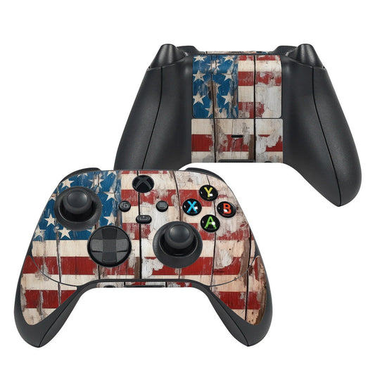 Xbox Series X controller skin with blue star and red-white stripes design