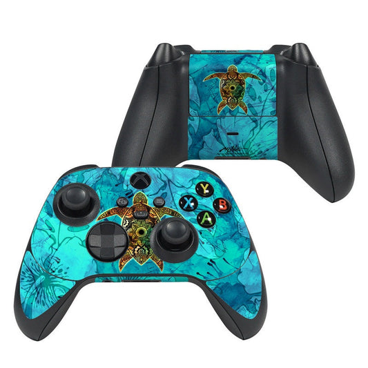Xbox Series X controller skin with turquoise sea turtle design, buttons and sticks visible