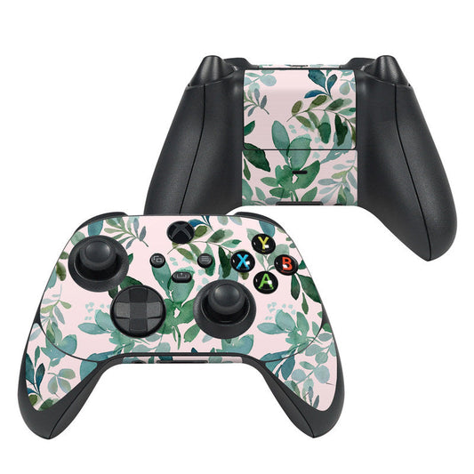 Microsoft Xbox Series X controller skin with sage green botanical leaf design on light base