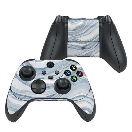 Xbox Series X controller skin with blue and white marble pattern, matching thumb grips