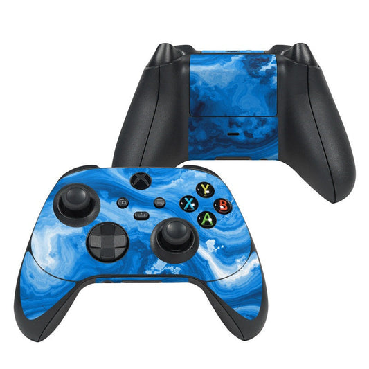Xbox controller skin with blue agate swirl pattern and colorful button icons