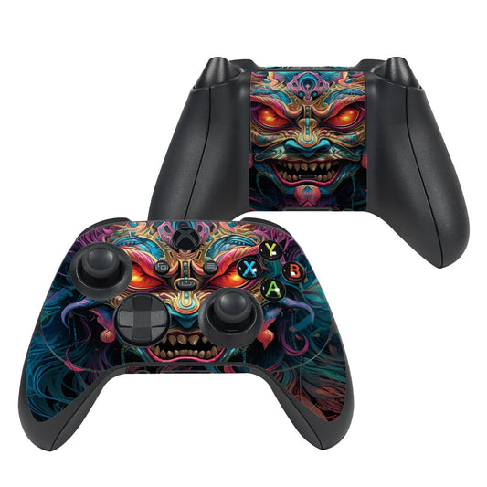 Xbox Series X controller skin with colorful demon face artwork on black controller