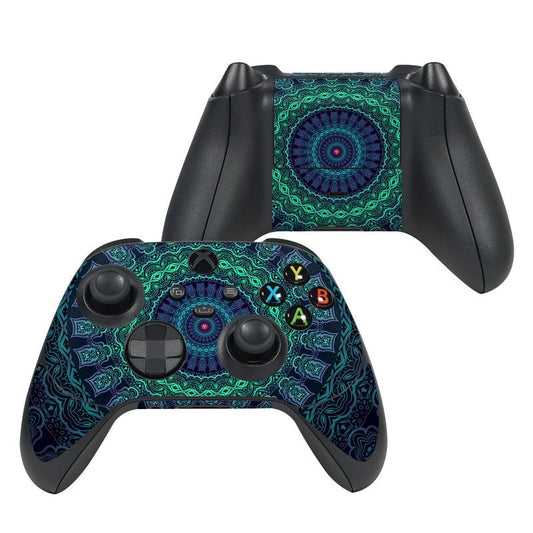 Xbox Series X controller skin set with teal and blue mandala pattern, over button area