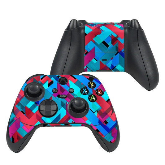 Xbox Series X controller skin with colorful geometric pattern on black buttons and grips