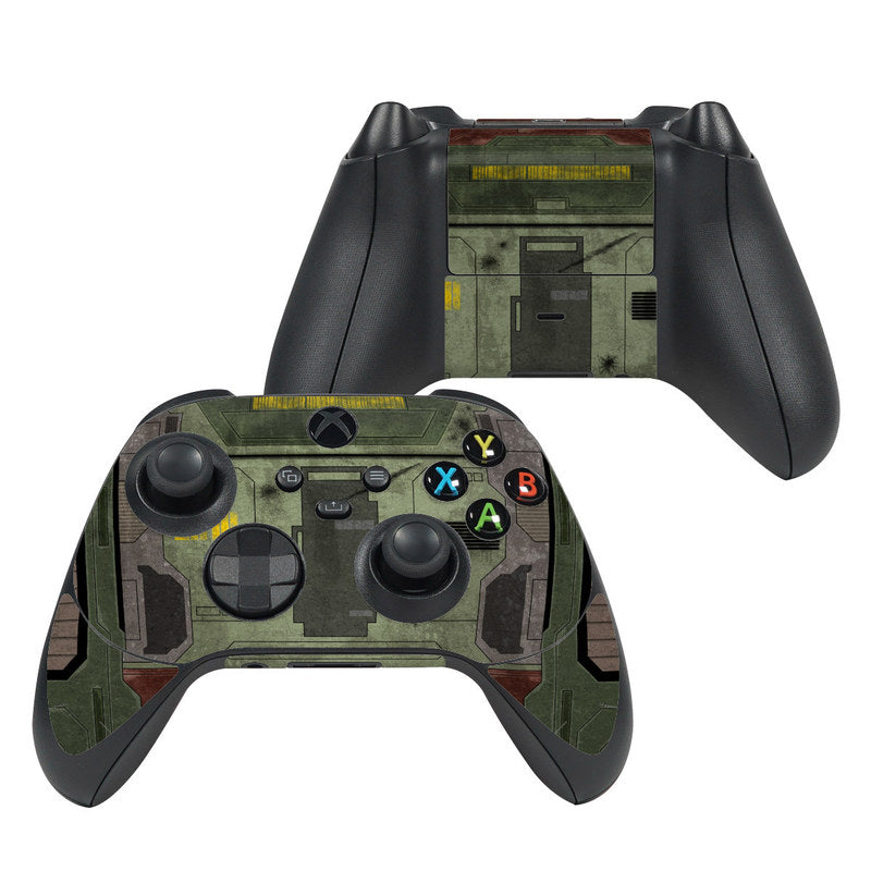 Xbox Series X controller skin with green camouflage starfighter design over front buttons