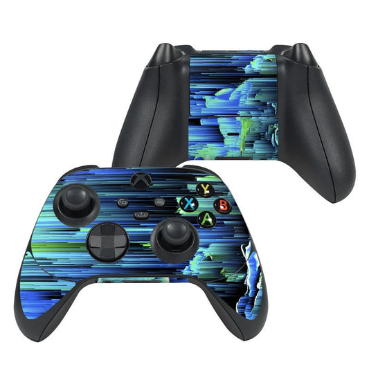 Xbox controller skin, blue space race stripes with neon A/B/X/Y button icons