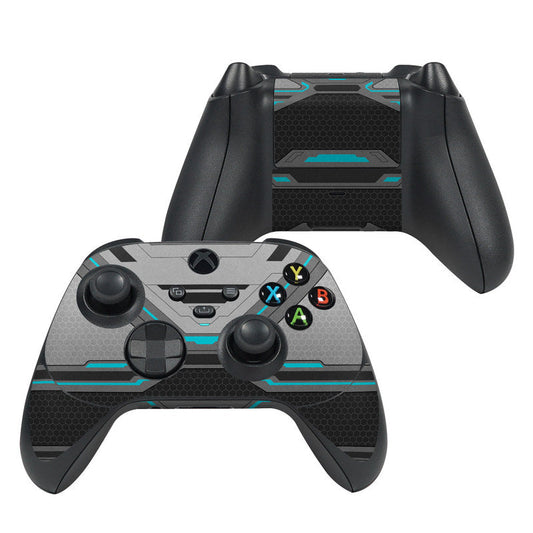 Xbox Series X controller skin with black hex pattern and teal accent graphics