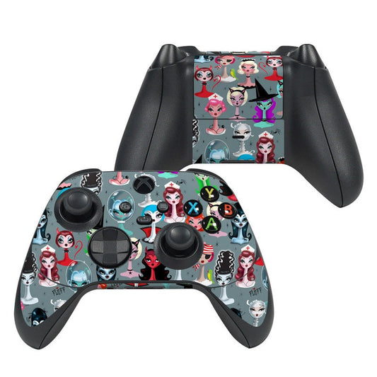 Xbox Series X controller skin with spooky doll faces and icons on blue-gray design