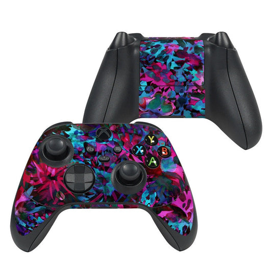 Xbox Series X controller skin, black with vivid tropical multicolor pattern and button cutouts