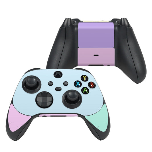 Xbox Series X controller skin with light blue and pink pastel design and button icons
