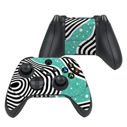 Xbox Series X controller skin with teal dots and black-and-white stripes, custom button layout