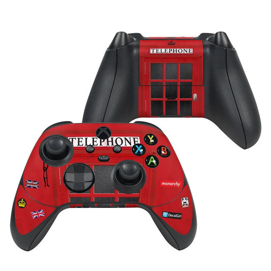Xbox controller skin with red telephone kiosk design on black controller faceplates