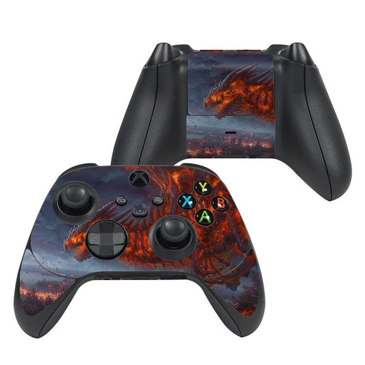 Xbox Series X/S controller skin with dark blue and fiery orange flames artwork