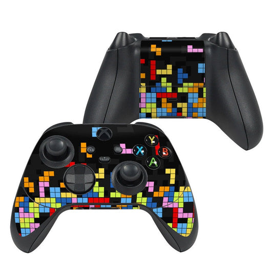 Xbox Series X controller skin, black with colorful pixel mosaic and labeled ABXY buttons