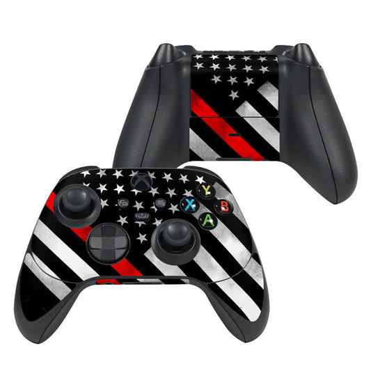 Xbox Series X controller skin with black star pattern, red stripe and white accents