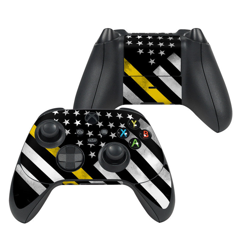 Black Xbox Series X controller skin with star pattern, yellow accents, and stripe graphics