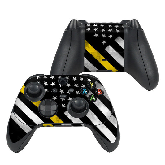 Black Xbox Series X controller skin with star pattern, yellow accents, and stripe graphics