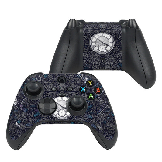 Xbox Series X controller skin with blue ornate clock design and colored button decals.