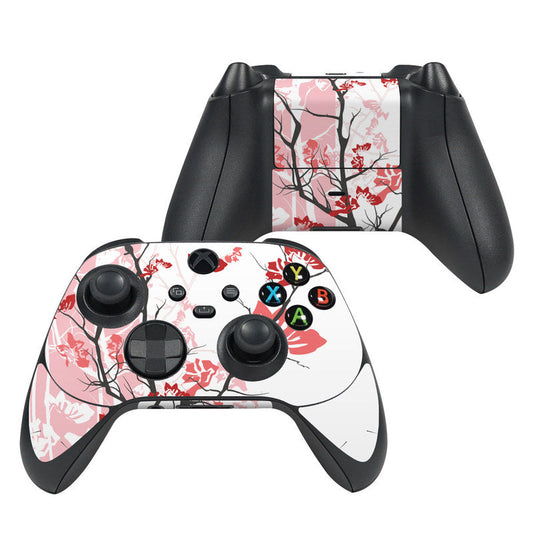 Xbox controller skin with pink floral branch design and colored ABXY button decals