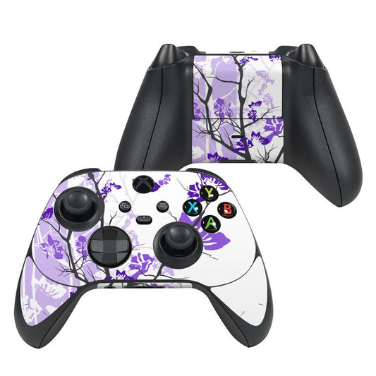 Xbox Series X controller skin with purple floral tree pattern on white background