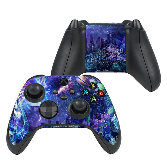 Transcension Xbox Series X controller skin with purple-blue galaxy design and button cutouts