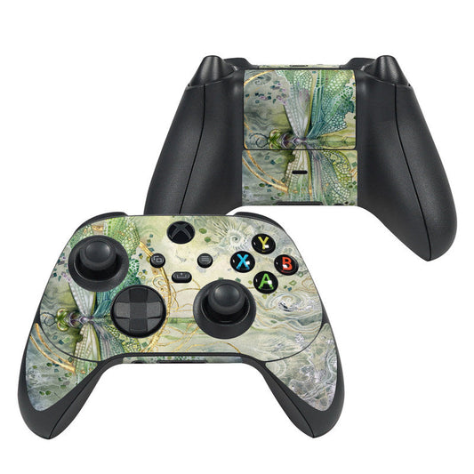 Xbox Series X controller skin with green dragonfly pattern and button cutouts