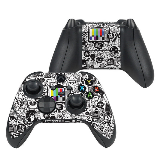 Xbox controller skin with black, white, and colorful doodle wrap over grips and buttons