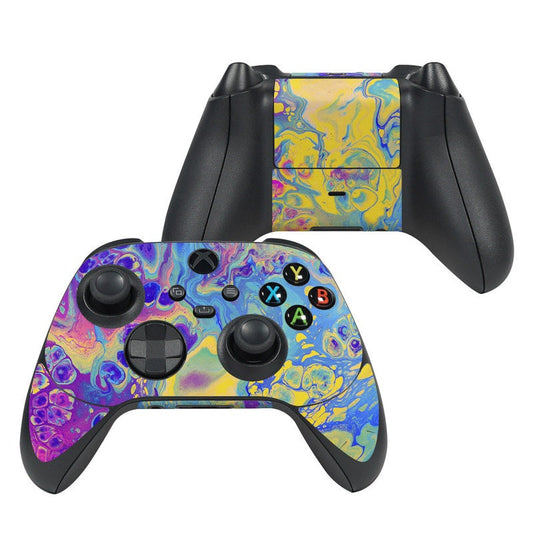 Xbox Series X controller skin with colorful marbled unicorn vibe design