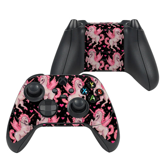 Xbox controller skin: pink unicorns and hearts on black, fitted over buttons