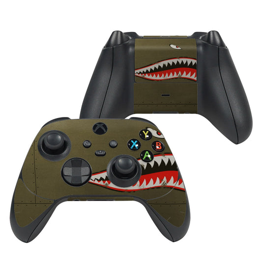 Xbox Series X controller skin with shark-mouth graphic, olive green and red accents