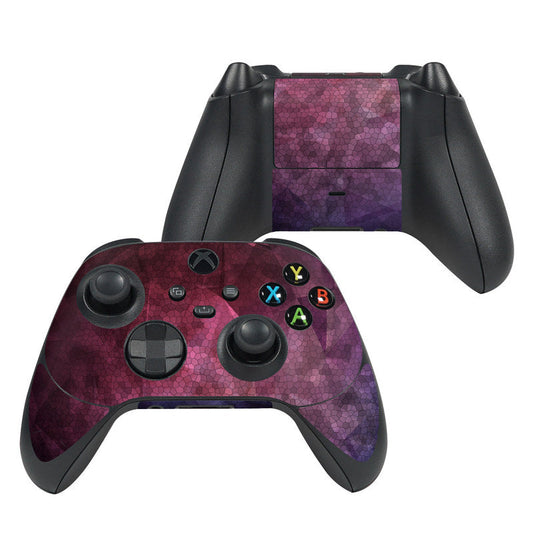 Xbox Series X controller skin with maroon and purple pattern and colored face buttons