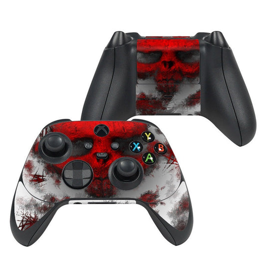 Xbox controller skin with red and black war graphic wrap, front buttons and grips visible