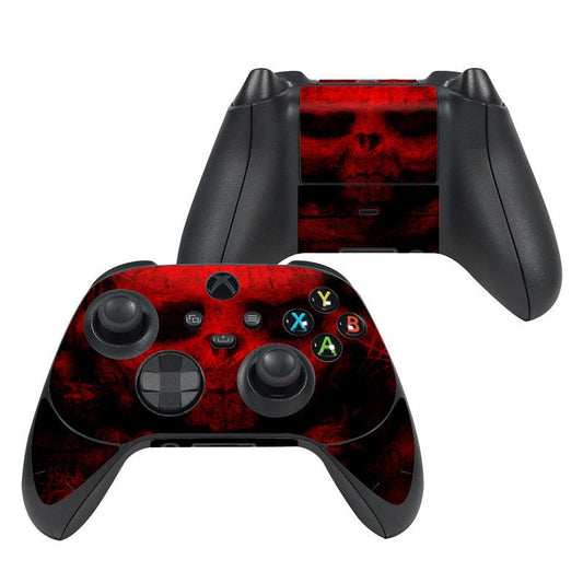 Xbox Series X controller skin with red skull camouflage pattern and colored face buttons