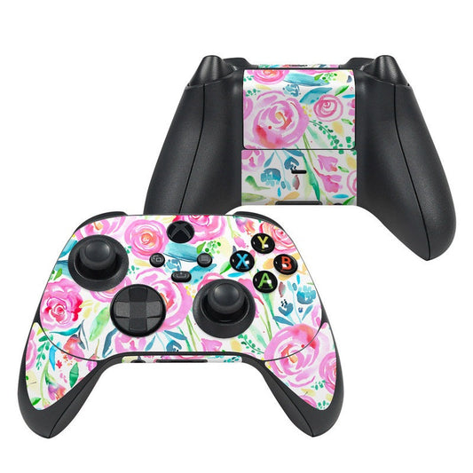 Xbox Series X controller skin with watercolor roses floral design over buttons