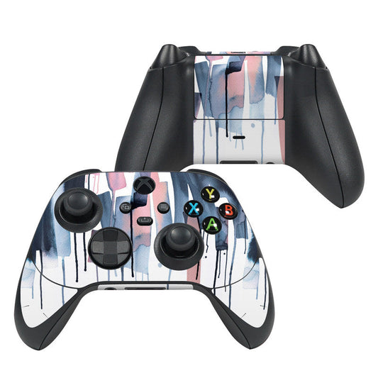 Xbox Series X controller skin with blue/pink watercolor stripes and colored button icons