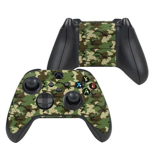 Woodland camo Xbox controller skin wrap with button and thumbstick cutouts