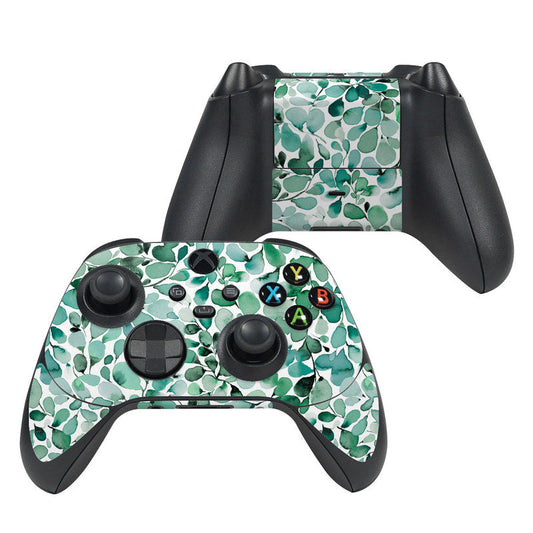 Xbox Series X controller skin, watercolor green eucalyptus leaves and colored button icons