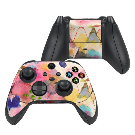 Xbox controller skin with colorful watercolor mountain scene on front and grips