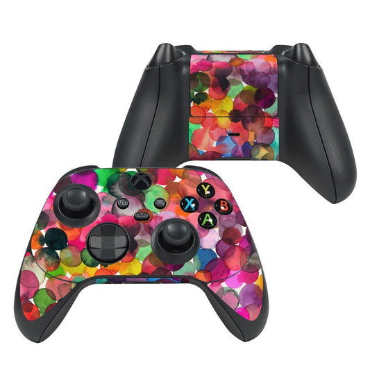 Xbox Series X controller skin with colorful watercolor drops pattern and button cutouts