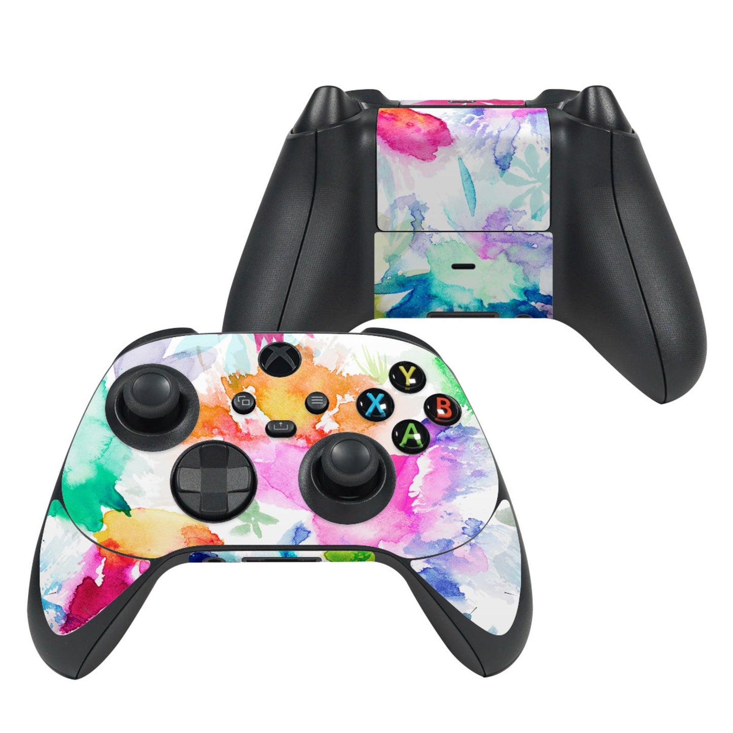 Xbox Series X controller skin with colorful watercolor floral splash and button decals