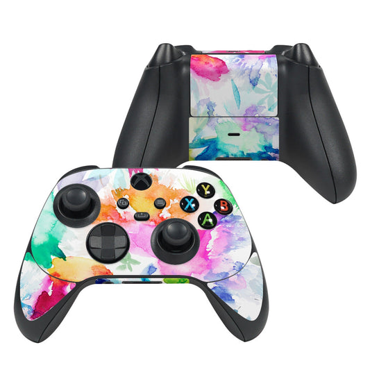 Xbox Series X controller skin with colorful watercolor floral splash and button decals