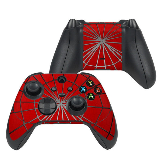 Xbox Series X controller skin with red spiderweb design and black buttons