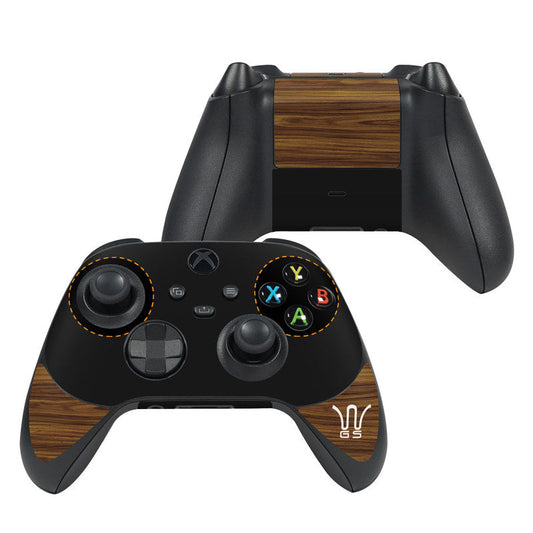 Microsoft Xbox Series X controller skin with wood-look panels and black button layout