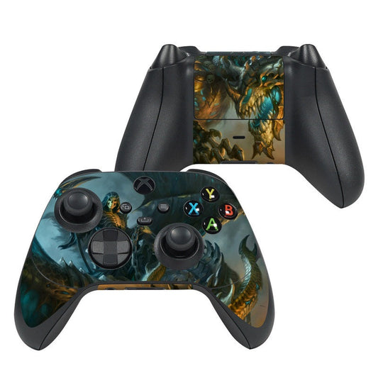 Xbox controller skin with blue-green dragon artwork