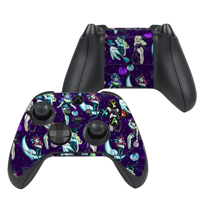 Purple Xbox Series X controller skin with witches and black cats, button cutouts.