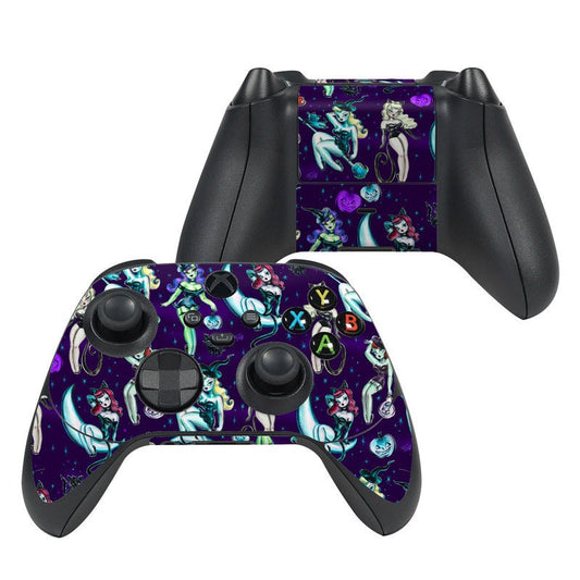 Purple Xbox Series X controller skin with witches and black cats, button cutouts.