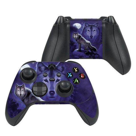 Xbox Series X controller skin with purple wolf design and colored button outlines